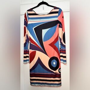 Beautiful Emilio Pucci Multicolor Geometric Long Sleeve Silk Dress EUC